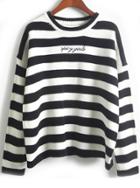 Romwe Embroidered Striped Black Sweater