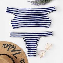 Romwe Off The Shoulder Random Striped Bikini Set