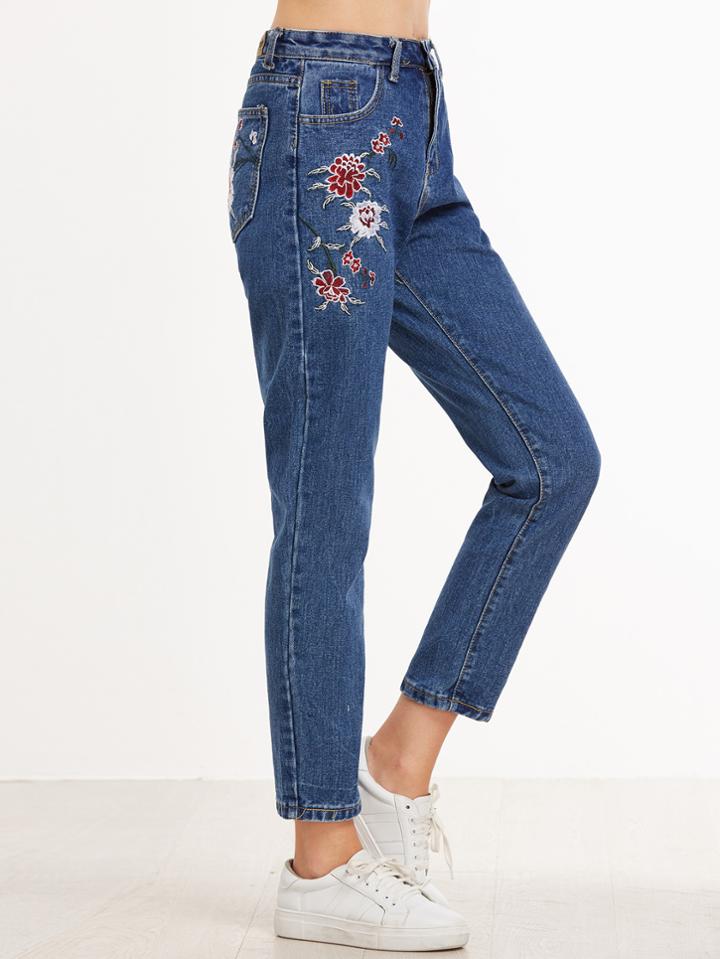Romwe Dark Blue Flower Embroidered Straight Leg Jeans
