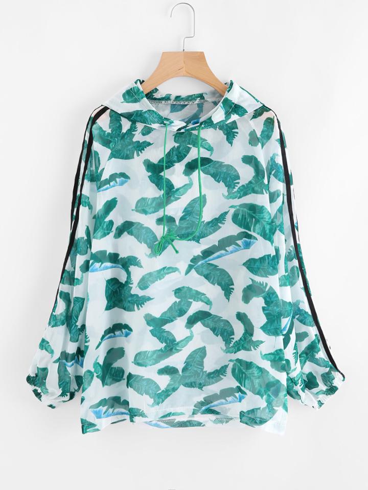 Romwe Striped Sleeve Leaf Print Random Drawstring Hoodie
