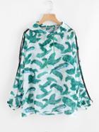 Romwe Striped Sleeve Leaf Print Random Drawstring Hoodie