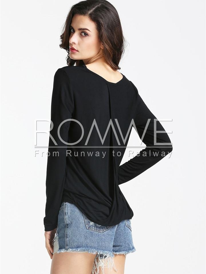 Romwe Black Long Sleeve Casual T-shirt
