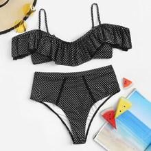 Romwe Polka Dot Flounce Top With High Waist Bikini