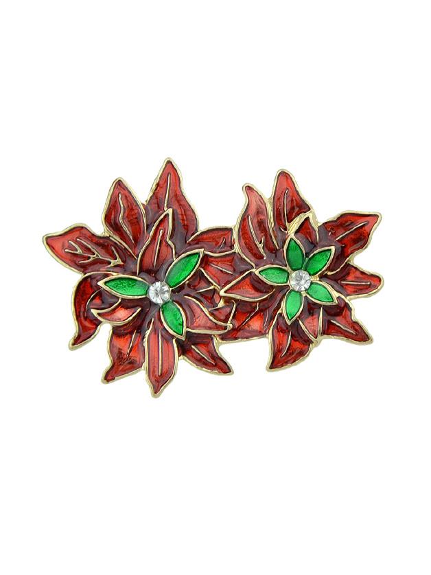 Romwe Red Green Enamel Double Flower Pattern Brooches