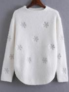 Romwe White Snow Pattern Curved Hem Sweater