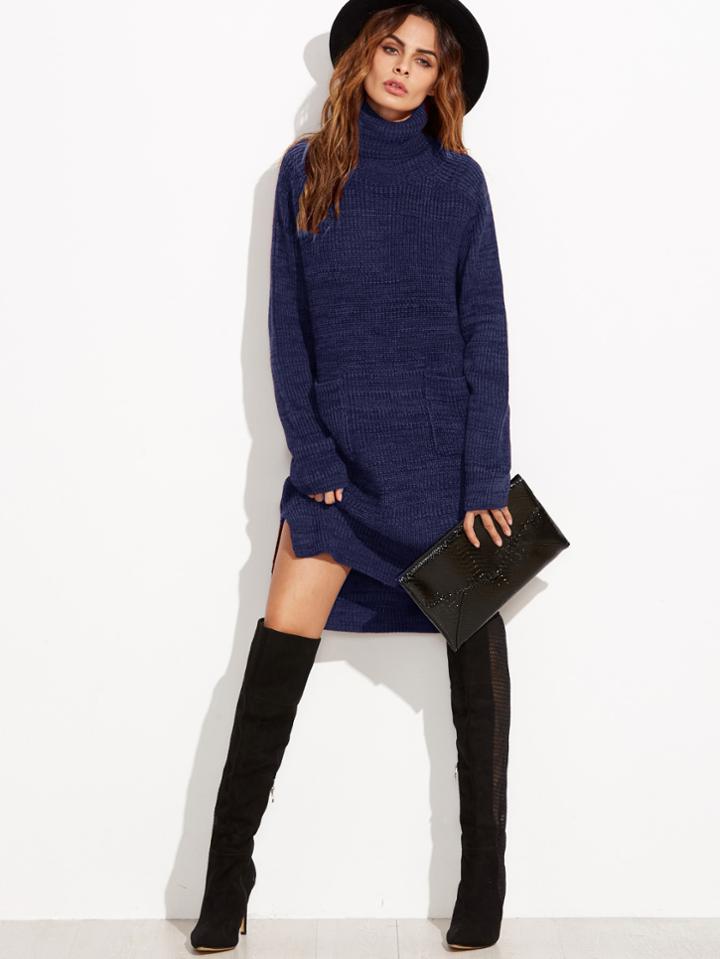 Romwe Roll Neck Pocket Front Stepped Hem Sweater Dress