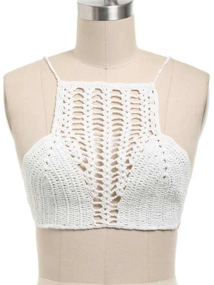 Romwe White Crochet Hollow Out Bikini Top