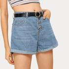 Romwe Button And Pocket Detail Denim Shorts
