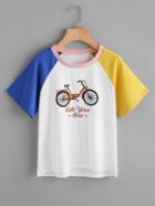 Romwe Contrast Sleeve Bicycle Print Split Dip Hem Tee