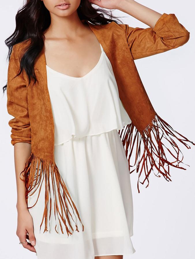 Romwe Tassel Suede Coffee Jacket