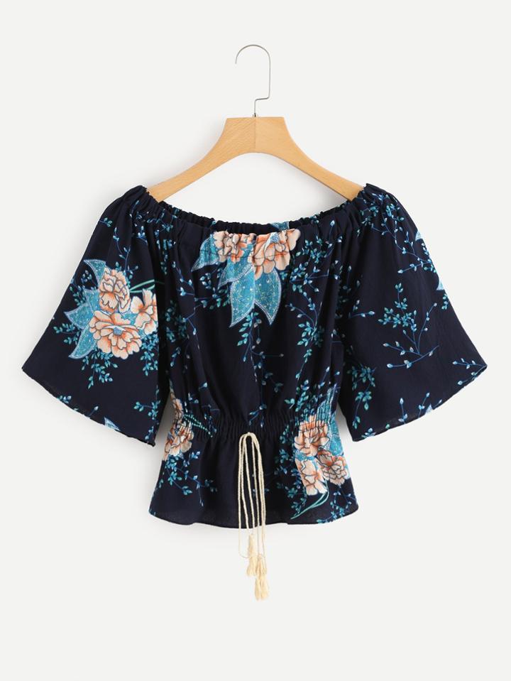 Romwe Off Shoulder Floral Print Drawstring Waist Top