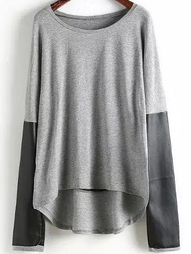 Romwe Contrast Pu Dip Hem Sweatshirt