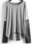 Romwe Contrast Pu Dip Hem Sweatshirt