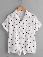Romwe Textured Dots Tie Front Cuffed Shirt With Chest Pocket
