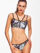 Romwe Tropical Print Contrast Trim Strappy Bikini Set