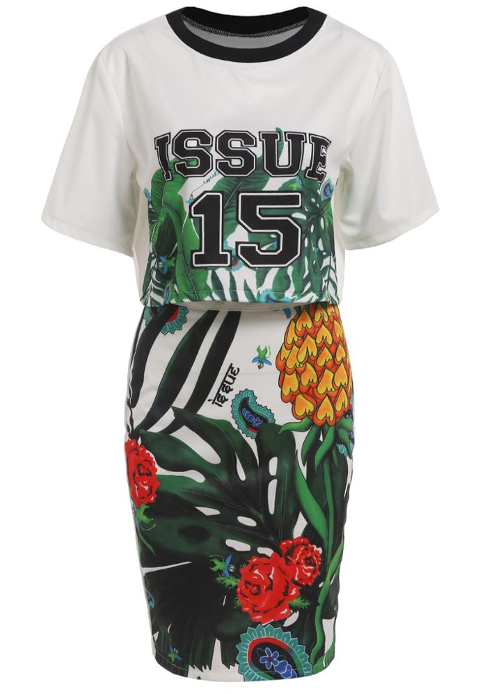 Romwe Contrast Collar Tropicals Print Top With Split Skirt