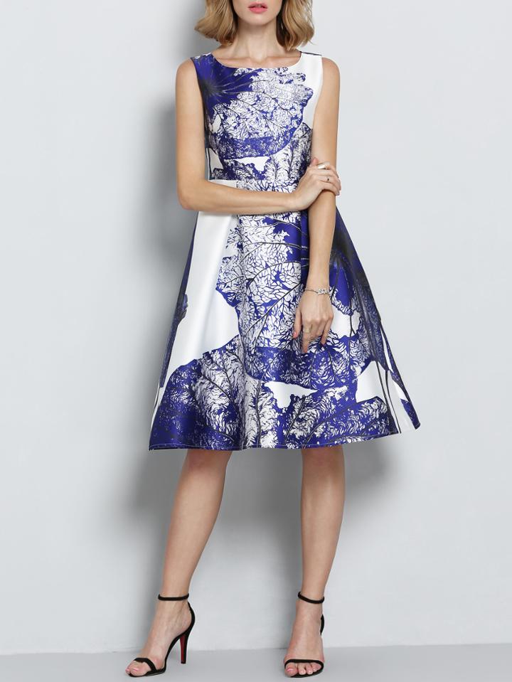 Romwe Sleeveless Tree Print Flare Dress