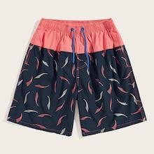 Romwe Guys Cut And Sew Graphic Print Drawstring Waist Shorts
