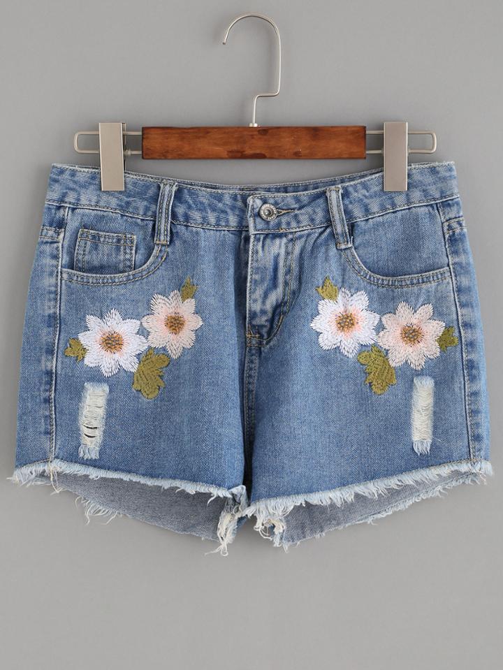 Romwe Blue Embroidered Tassel Denim Shorts