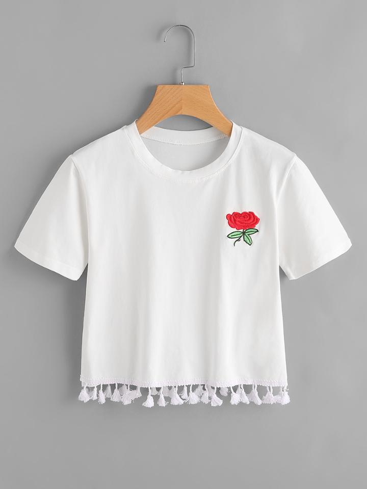 Romwe Rose Embroidered Tassel Hem Tee