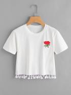 Romwe Rose Embroidered Tassel Hem Tee