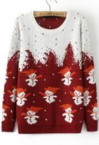 Romwe Snowman Print Loose Knit Red Sweater