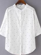 Romwe Navy Band Collar Polka Dots Buttons Front Blouse