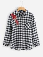 Romwe Rose Embroidered Applique Checked Shirt