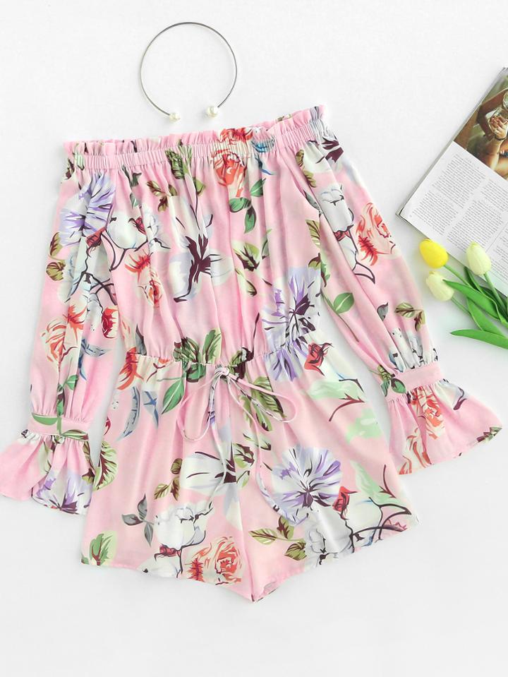 Romwe Bell Cuff Frilled Botanical Bardot Romper