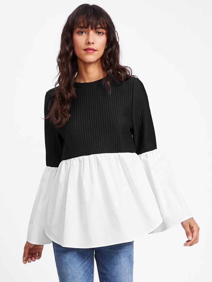Romwe Fluted Sleeve Two Tone Mixed Media Ribbed Top