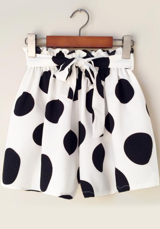 Romwe Elastic Waist Polka Dot Bow White Shorts