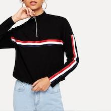 Romwe O-ring Zip Front Striped Print Sweatshirt