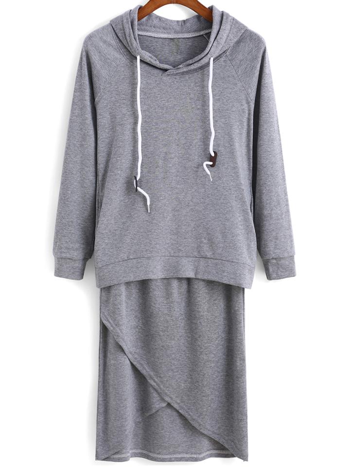 Romwe Hooded Drawstring Top With Elastic Waist Wraped Skirt