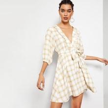 Romwe Plunge Neck Ruffle Trim Belted Plaid Dress