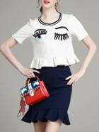 Romwe White Navy Eye Embroidered Top With Ruffle Skirt