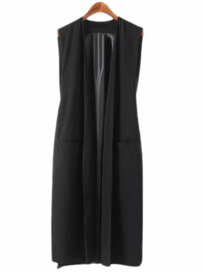 Romwe Black Pockets Long Design Vest