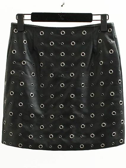 Romwe Black Eyelet Detail Zipper Back Pu Skirt