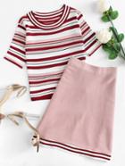 Romwe Striped Knit Tee With Skirt