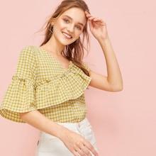 Romwe Plaid Print Ruffle Trim Blouse
