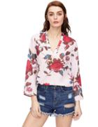 Romwe Pink Long Sleeve Floral Print Blouse
