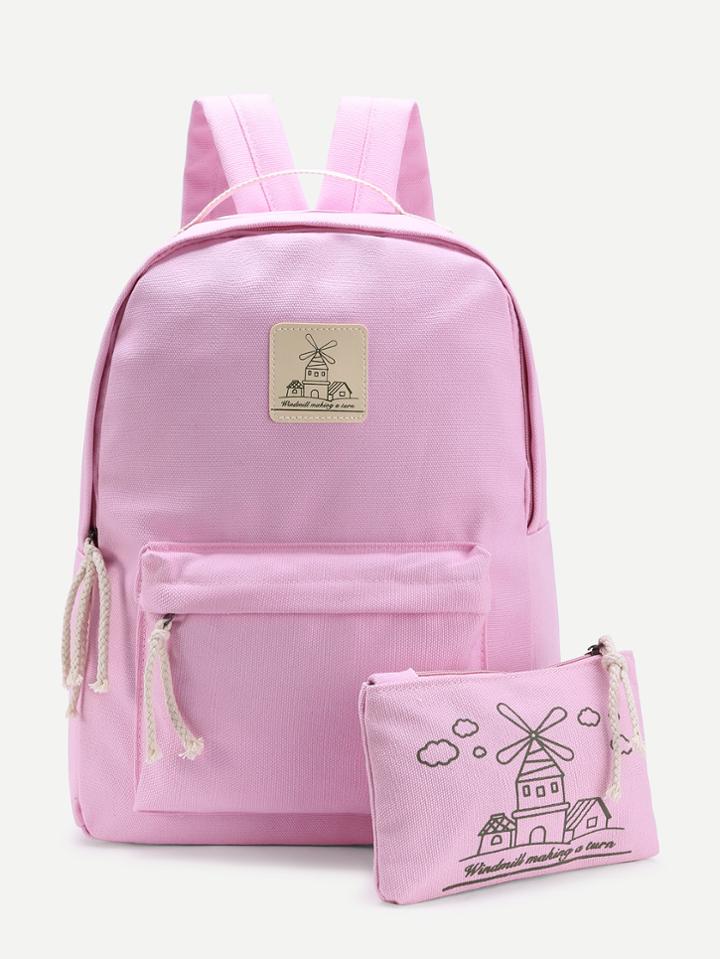 Romwe Contrast Patch Canvas Backpack With Clutch