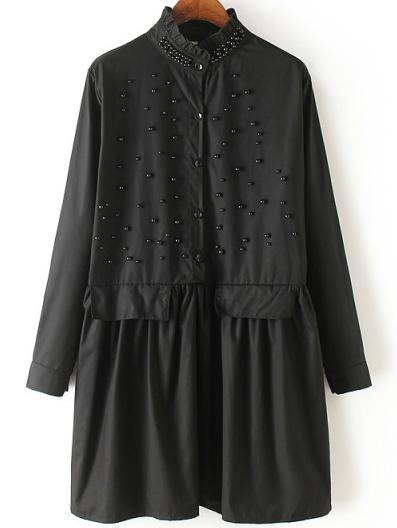 Romwe Ruffle Collar Beaded Black Shirt Dress