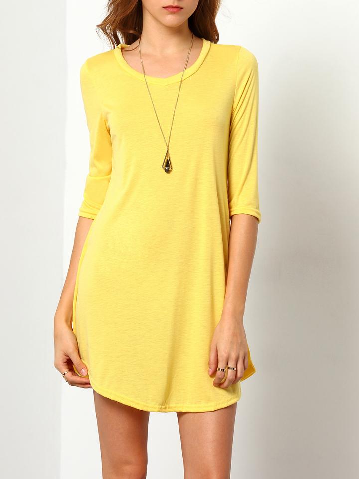 Romwe Lemon Yellow Round Neck Slim Dress
