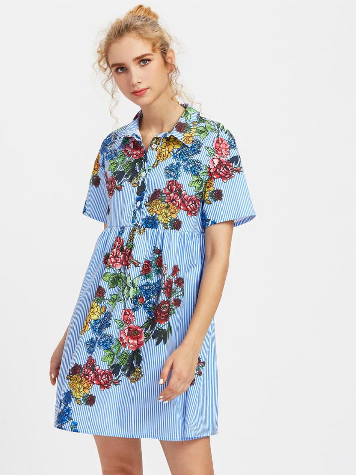 Romwe Flower Print Half Placket Smock Dress