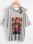 Romwe Heather Knit Open Shoulder Dolman Sleeve Cutout T-shirt