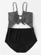 Romwe Knot Cut Out Striped Swimsuit