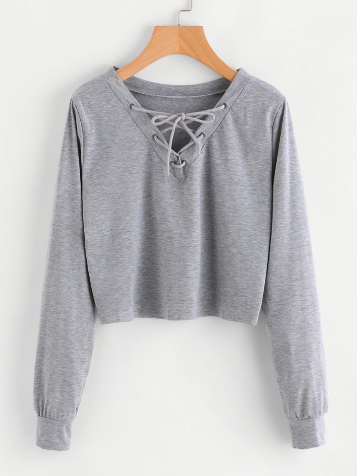 Romwe Eyelet Lace Up Sweatshirt
