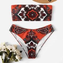 Romwe Retro Print Bandeau With High Leg Bikini Set