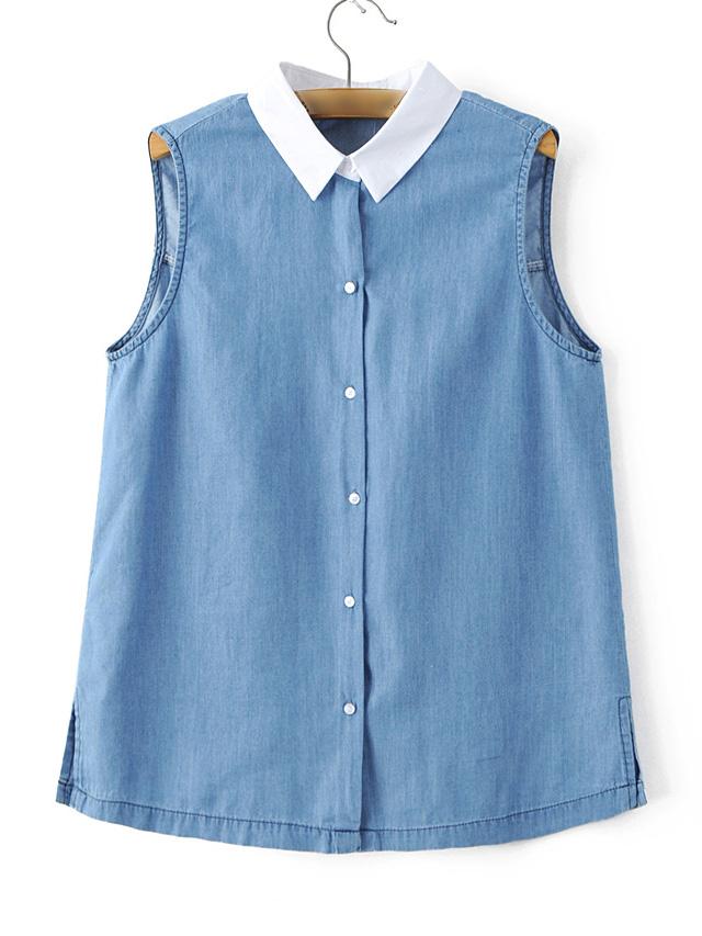 Romwe Sky Blue Sleeveless Lapel Split Side Denim Blouse