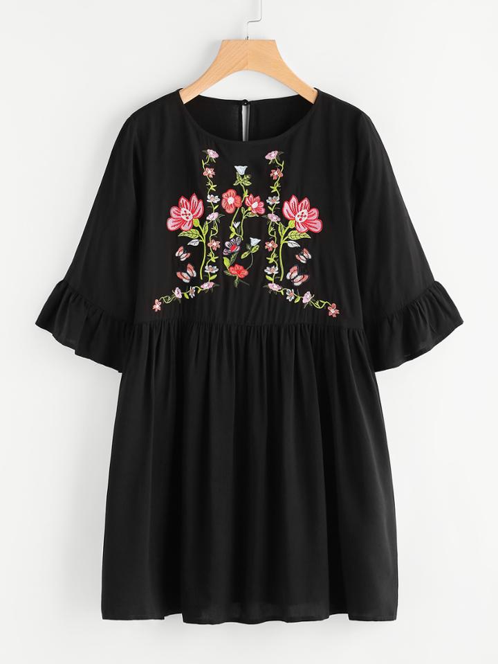 Romwe Botanical Embroidered Trumpet Sleeve Smock Dress